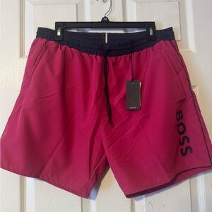 BOSS Men’s Beach Swim Shorts XL Hot Pink Navy Logo Quick Dry Elastic NWT New